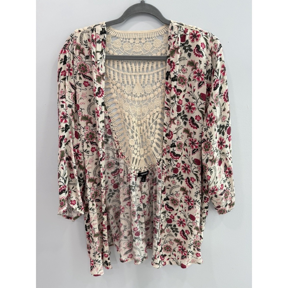 Torrid Floral Crochet Back Kimono Cardigan 0 Or Large Boho Open Front Cotton